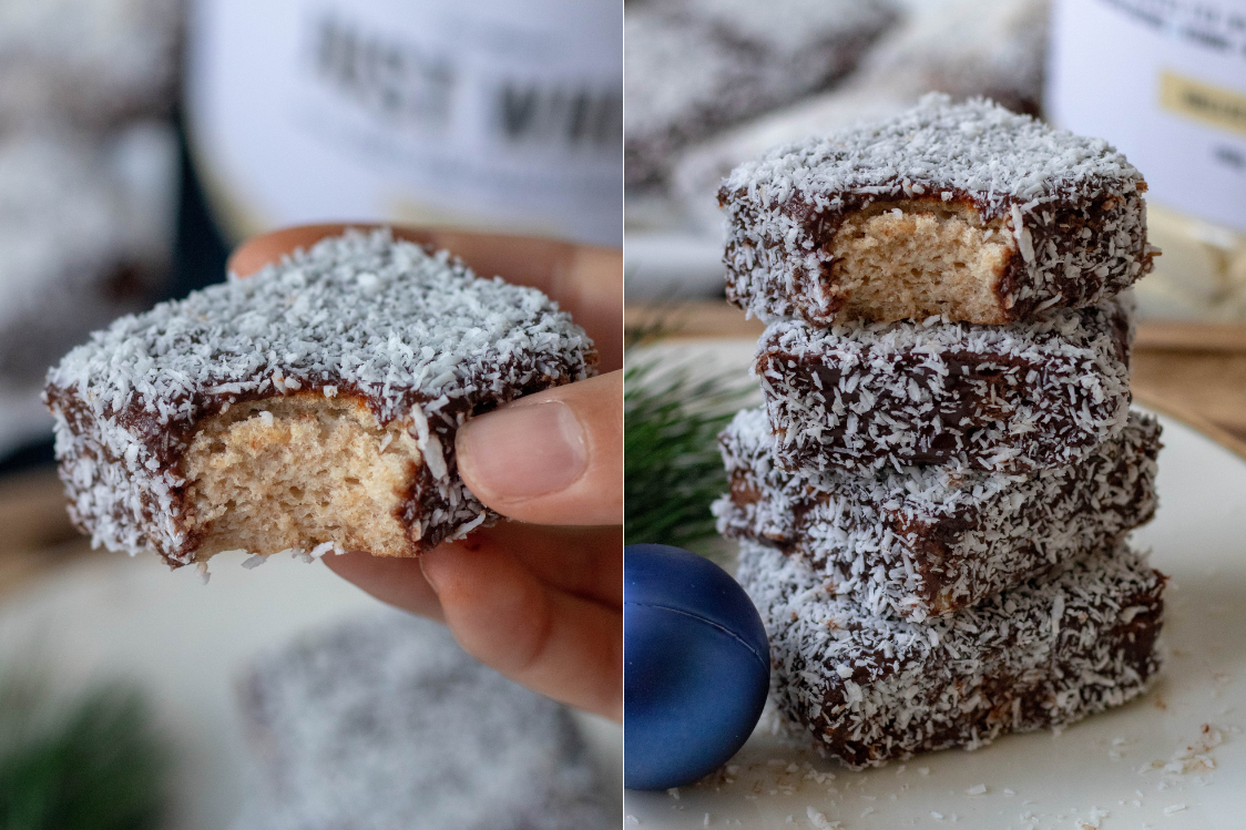 Weihnachts-Fitness-Rezept: Protein-Kokosnuss-Lamingtons Weihnachts-Fitness-Rezept: Protein-Kokosnuss-Lamingtons