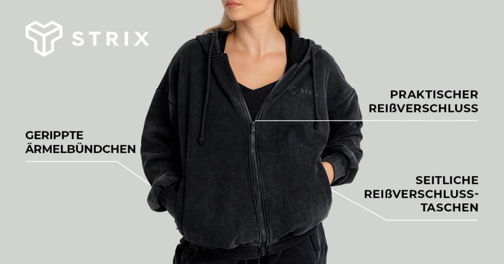 Women's Zip Washed Hoodie Black - STRIX