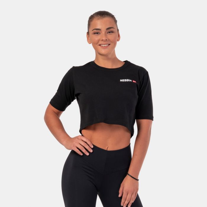 Women‘s T-shirt Crop Top Minimalist Logo Black - NEBBIA